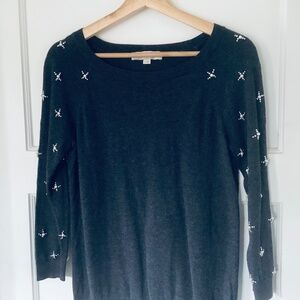 Ann Taylor Loft Beaded size S dark gray sweater 3/4 sleeves Cotton blend Pearls